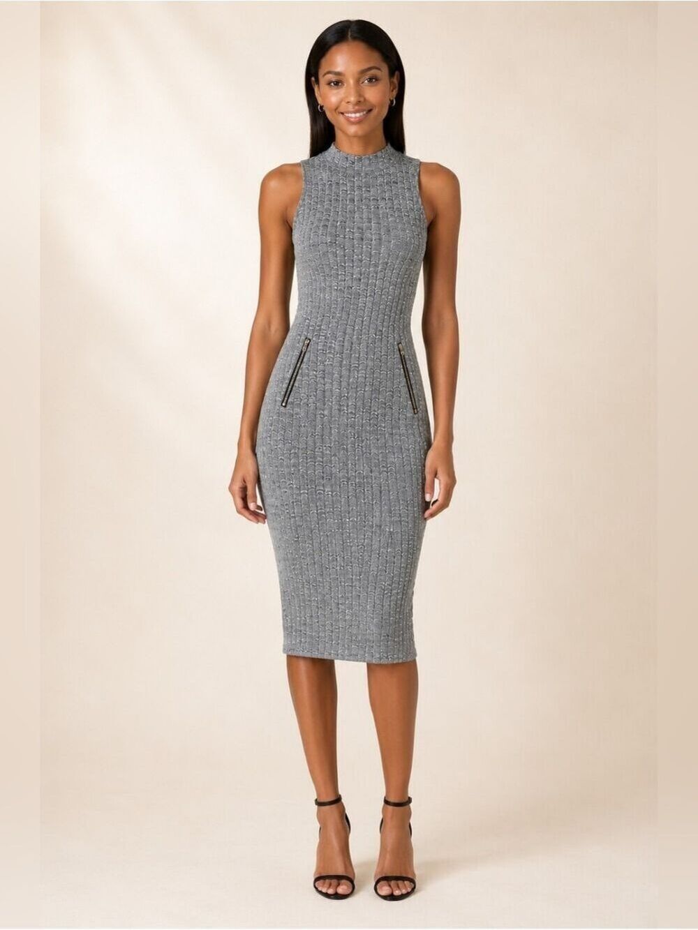 Gray Textured Knit Mock Neck Midi Dress Zip Pocket Size Medium
